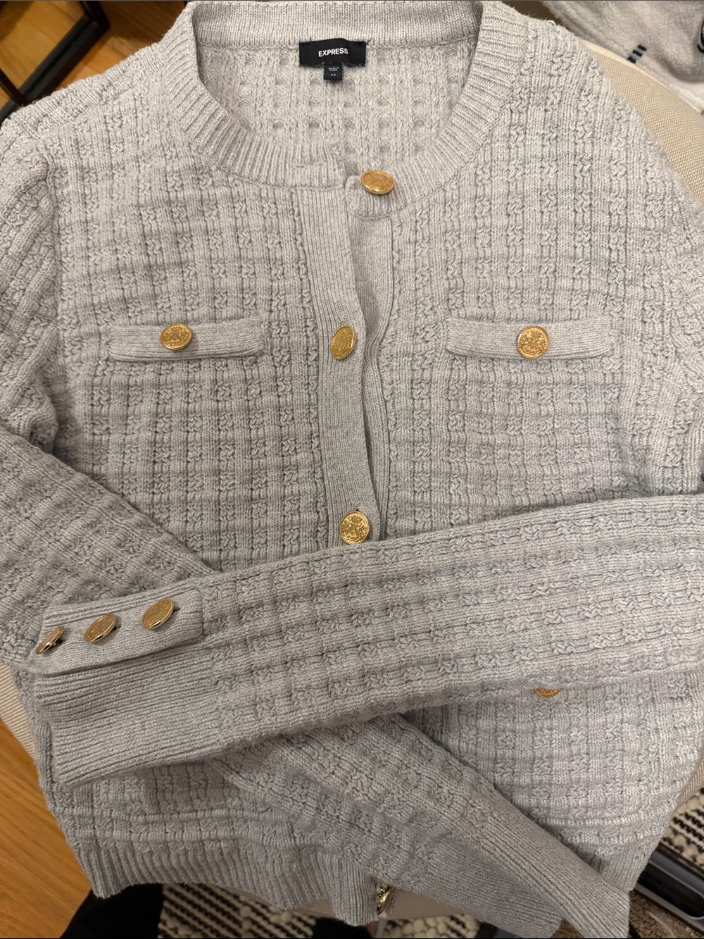 Express Light Gray Textured Knit Cardigan with Gold Buttons